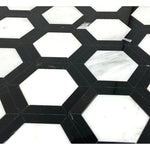 Oriental White / Asian Statuary Marble Honed 2" Vortex Hexagon Mosaic Tile w/ Black Border Oriental White / Asian Statuary Marble Honed 2" Vortex Hexagon Mosaic Tile w/ Black Border - American Tile Depot