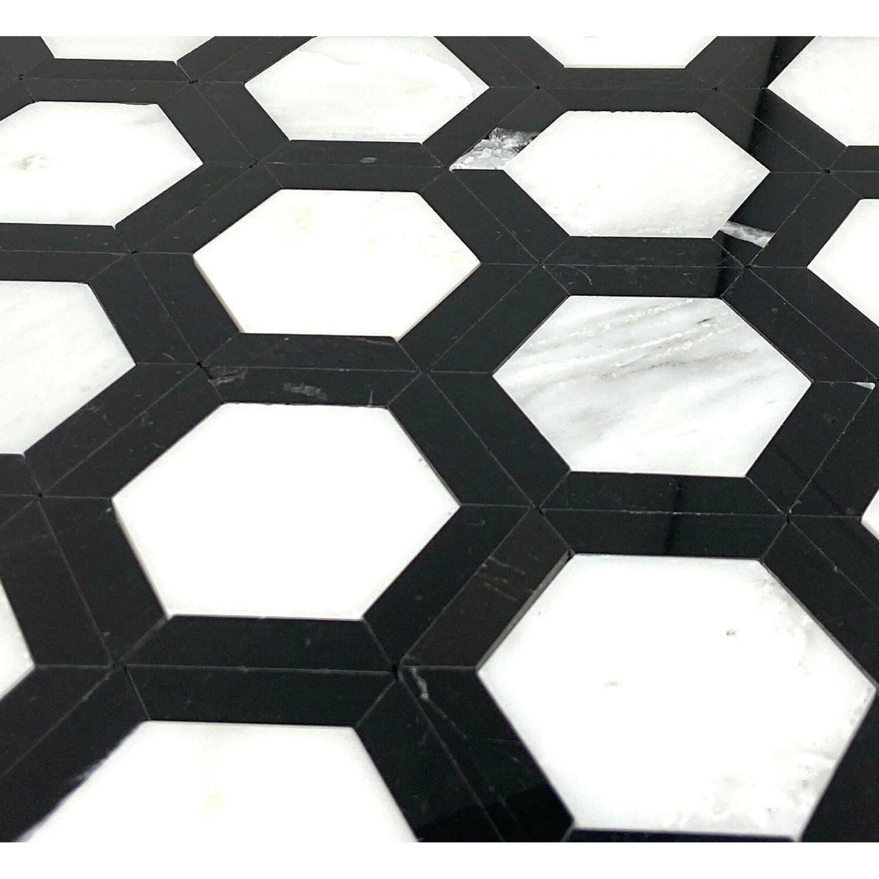 Oriental White / Asian Statuary Marble Honed 2" Vortex Hexagon Mosaic Tile w/ Black Border Oriental White / Asian Statuary Marble Honed 2" Vortex Hexagon Mosaic Tile w/ Black Border - American Tile Depot