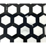 Oriental White / Asian Statuary Marble Honed 2" Vortex Hexagon Mosaic Tile w/ Black Border Oriental White / Asian Statuary Marble Honed 2" Vortex Hexagon Mosaic Tile w/ Black Border - American Tile Depot