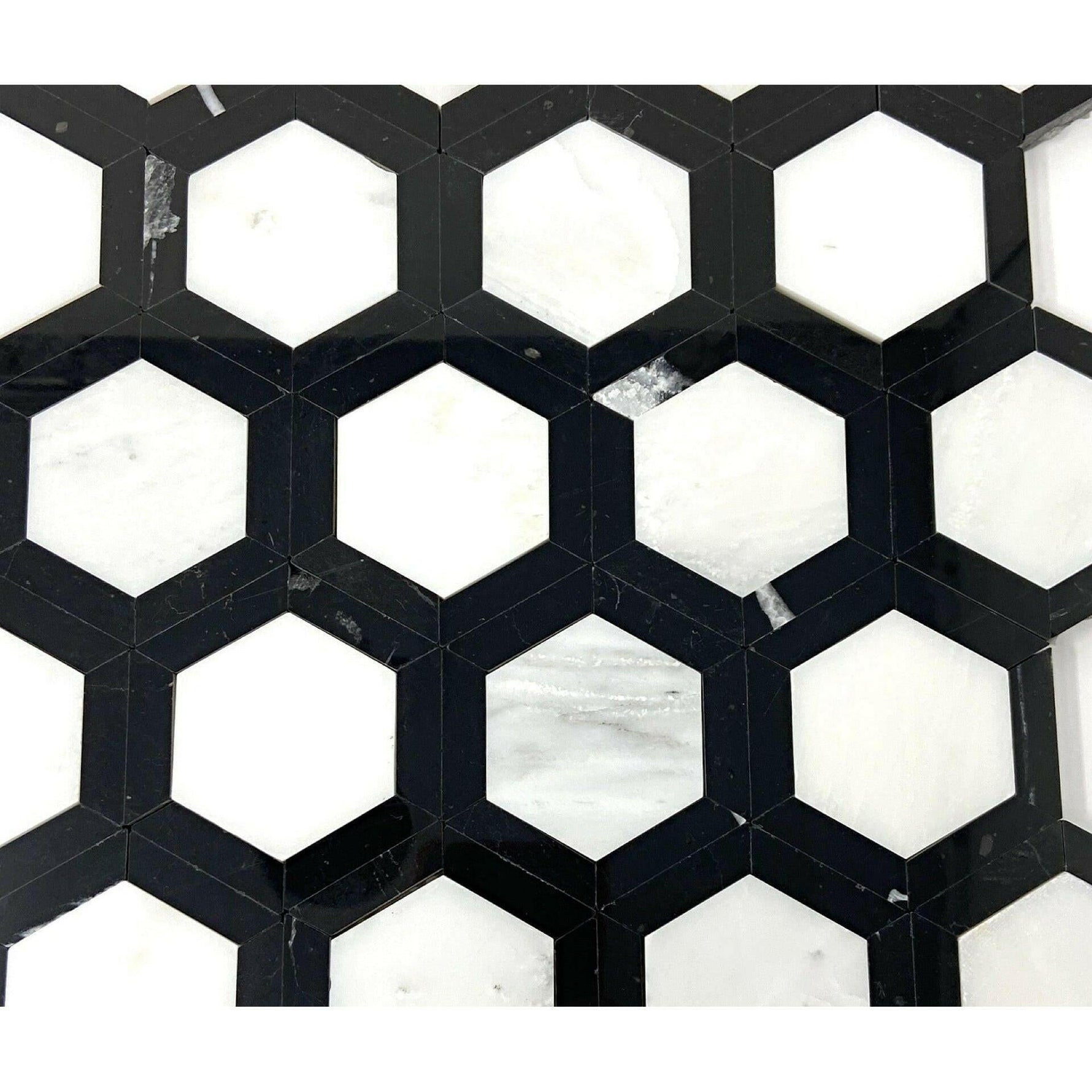 Oriental White / Asian Statuary Marble Honed 2" Vortex Hexagon Mosaic Tile w/ Black Border Oriental White / Asian Statuary Marble Honed 2" Vortex Hexagon Mosaic Tile w/ Black Border - American Tile Depot