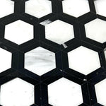 Oriental White / Asian Statuary Marble Honed 2" Vortex Hexagon Mosaic Tile w/ Black Border Oriental White / Asian Statuary Marble Honed 2" Vortex Hexagon Mosaic Tile w/ Black Border - American Tile Depot