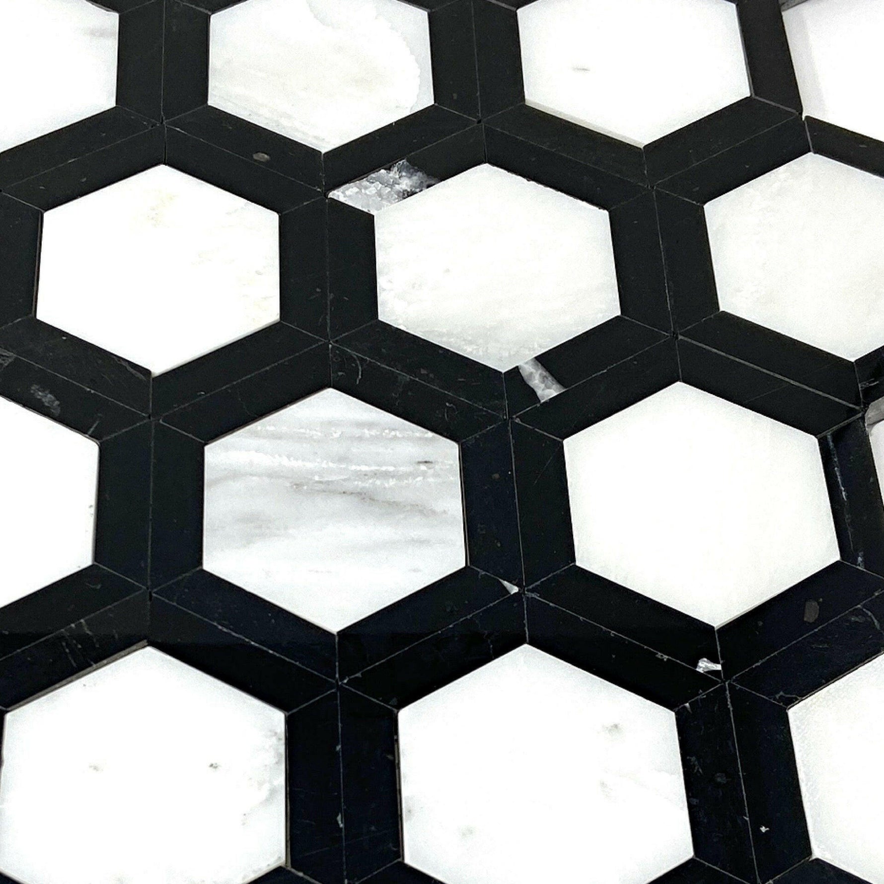 Oriental White / Asian Statuary Marble Honed 2" Vortex Hexagon Mosaic Tile w/ Black Border Oriental White / Asian Statuary Marble Honed 2" Vortex Hexagon Mosaic Tile w/ Black Border - American Tile Depot