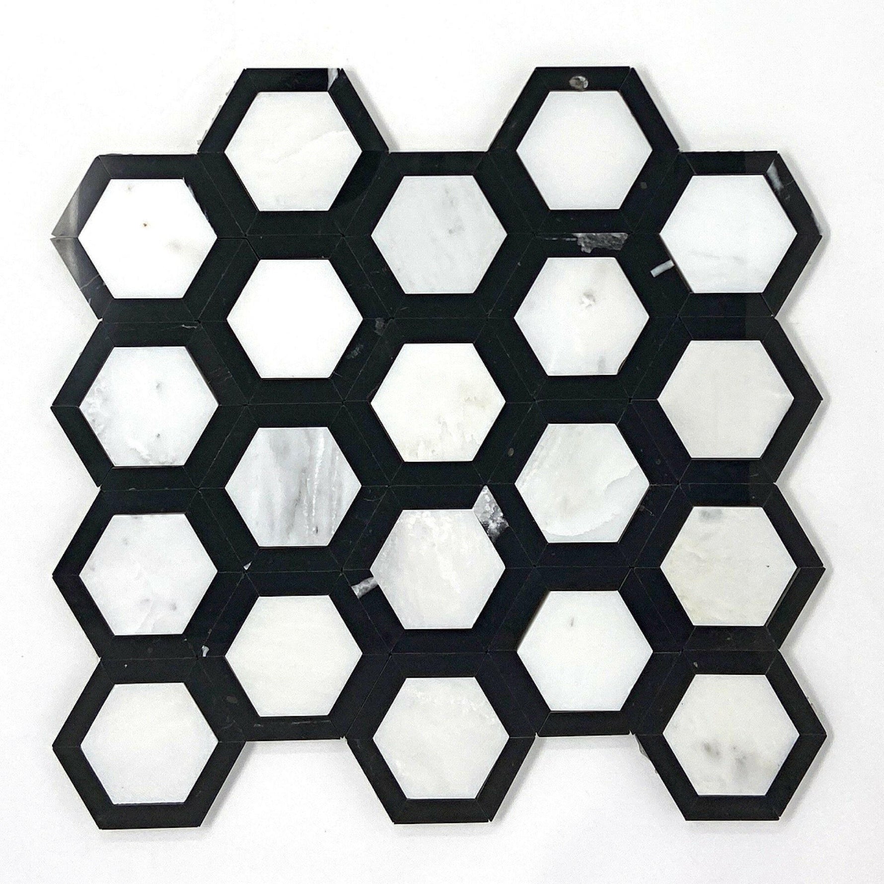 Oriental White / Asian Statuary Marble Honed 2" Vortex Hexagon Mosaic Tile w/ Black Border Oriental White / Asian Statuary Marble Honed 2" Vortex Hexagon Mosaic Tile w/ Black Border - American Tile Depot