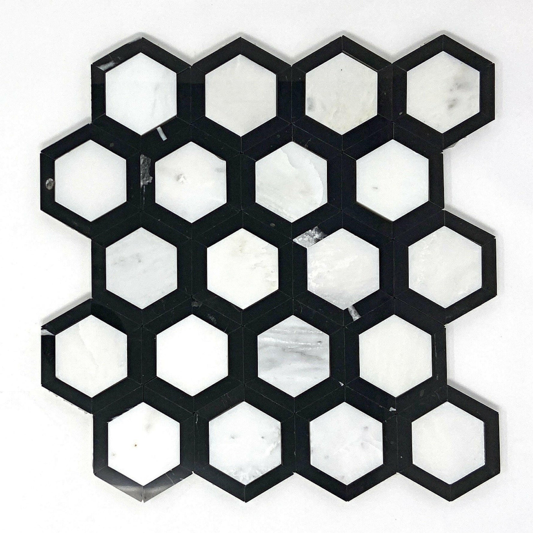 Oriental White / Asian Statuary Marble Honed 2" Vortex Hexagon Mosaic Tile w/ Black Border Oriental White / Asian Statuary Marble Honed 2" Vortex Hexagon Mosaic Tile w/ Black Border - American Tile Depot