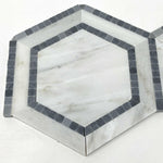 Oriental White / Asian Statuary Marble Honed 5" Hexagon Combination Mosaic Tile w/ Blue Border Oriental White / Asian Statuary Marble Honed 5" Hexagon Combination Mosaic Tile w/ Blue Border - American Tile Depot