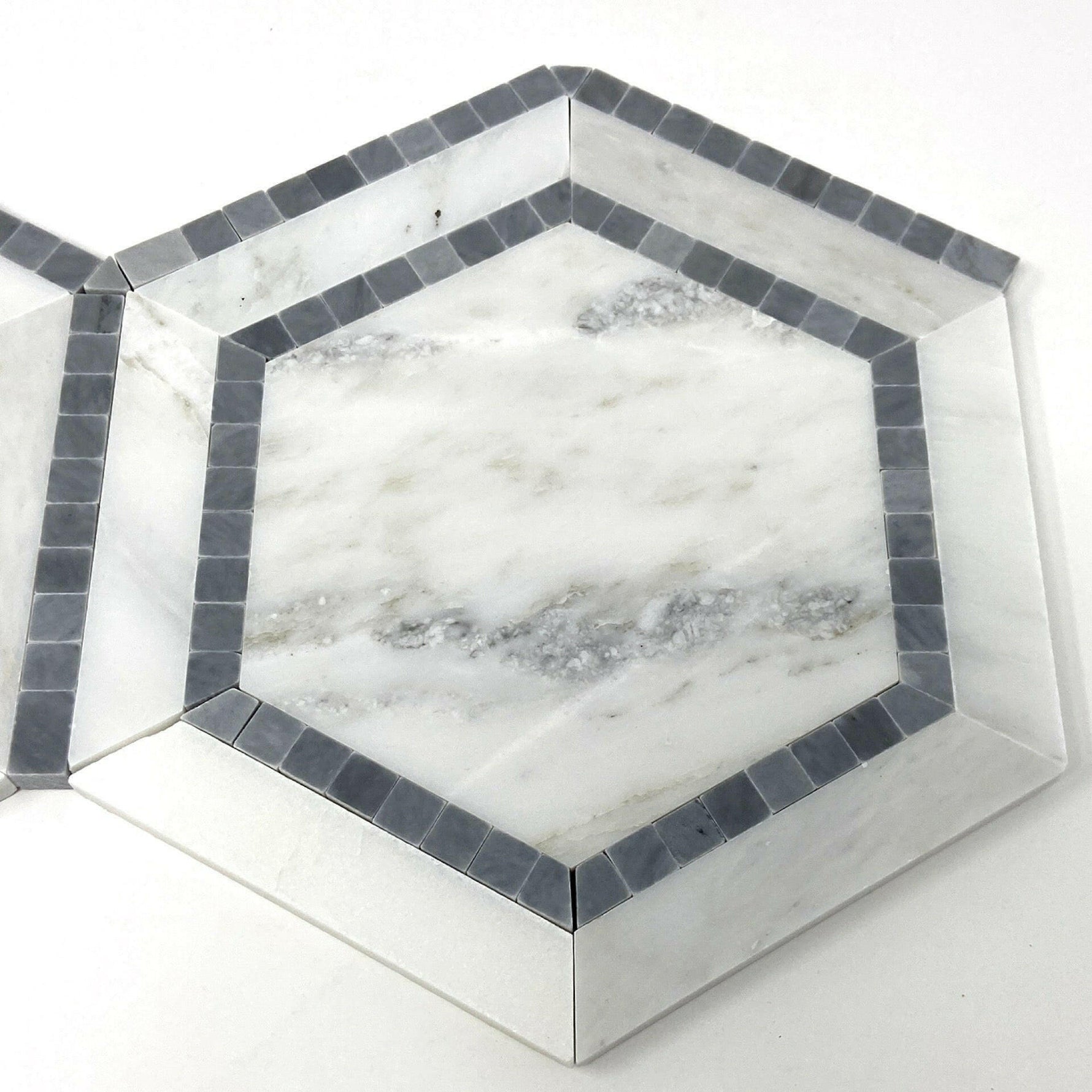 Oriental White / Asian Statuary Marble Honed 5" Hexagon Combination Mosaic Tile w/ Blue Border Oriental White / Asian Statuary Marble Honed 5" Hexagon Combination Mosaic Tile w/ Blue Border - American Tile Depot