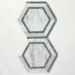 Oriental White / Asian Statuary Marble Honed 5" Hexagon Combination Mosaic Tile w/ Blue Border Oriental White / Asian Statuary Marble Honed 5" Hexagon Combination Mosaic Tile w/ Blue Border - American Tile Depot