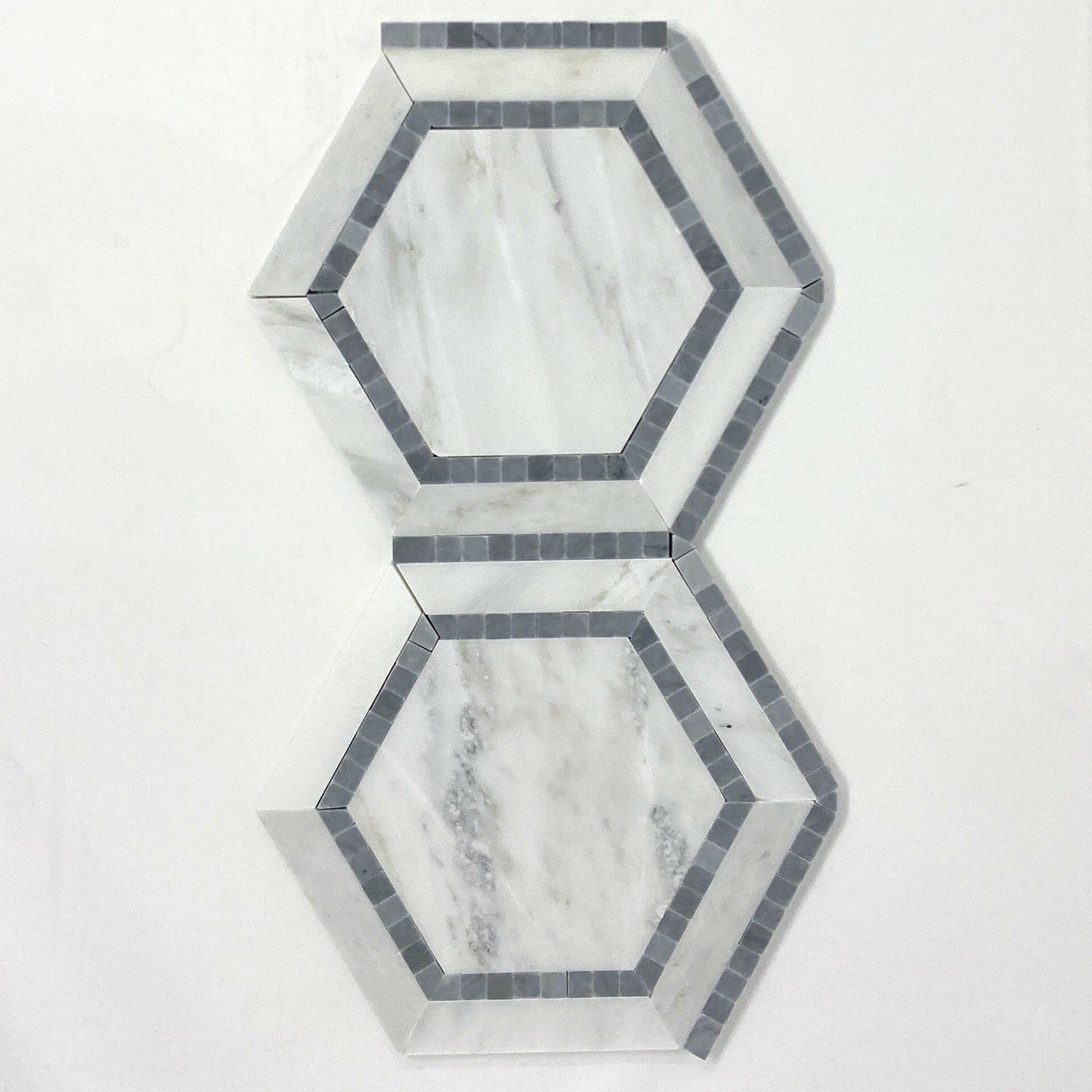 Oriental White / Asian Statuary Marble Honed 5" Hexagon Combination Mosaic Tile w/ Blue Border Oriental White / Asian Statuary Marble Honed 5" Hexagon Combination Mosaic Tile w/ Blue Border - American Tile Depot