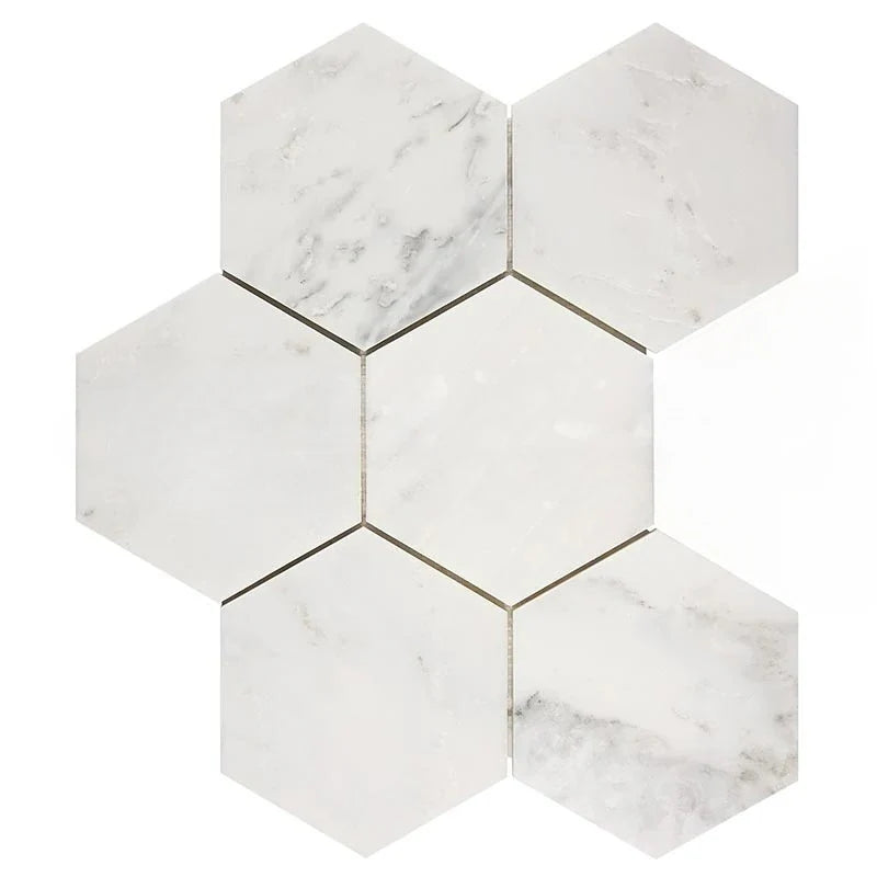 Oriental White / Asian Statuary Marble Honed 5" Large Hexagon Mosaic Tile Oriental White / Asian Statuary Marble Honed 5" Large Hexagon Mosaic Tile - American Tile Depot