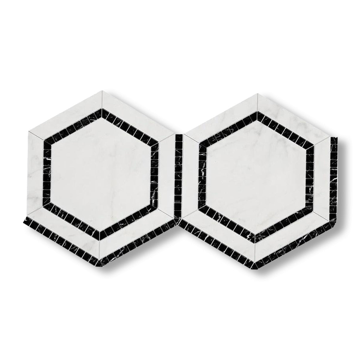 Oriental White / Asian Statuary Marble Honed 5" Hexagon Combination Mosaic Tile w/ Black Border - American Tile Depot