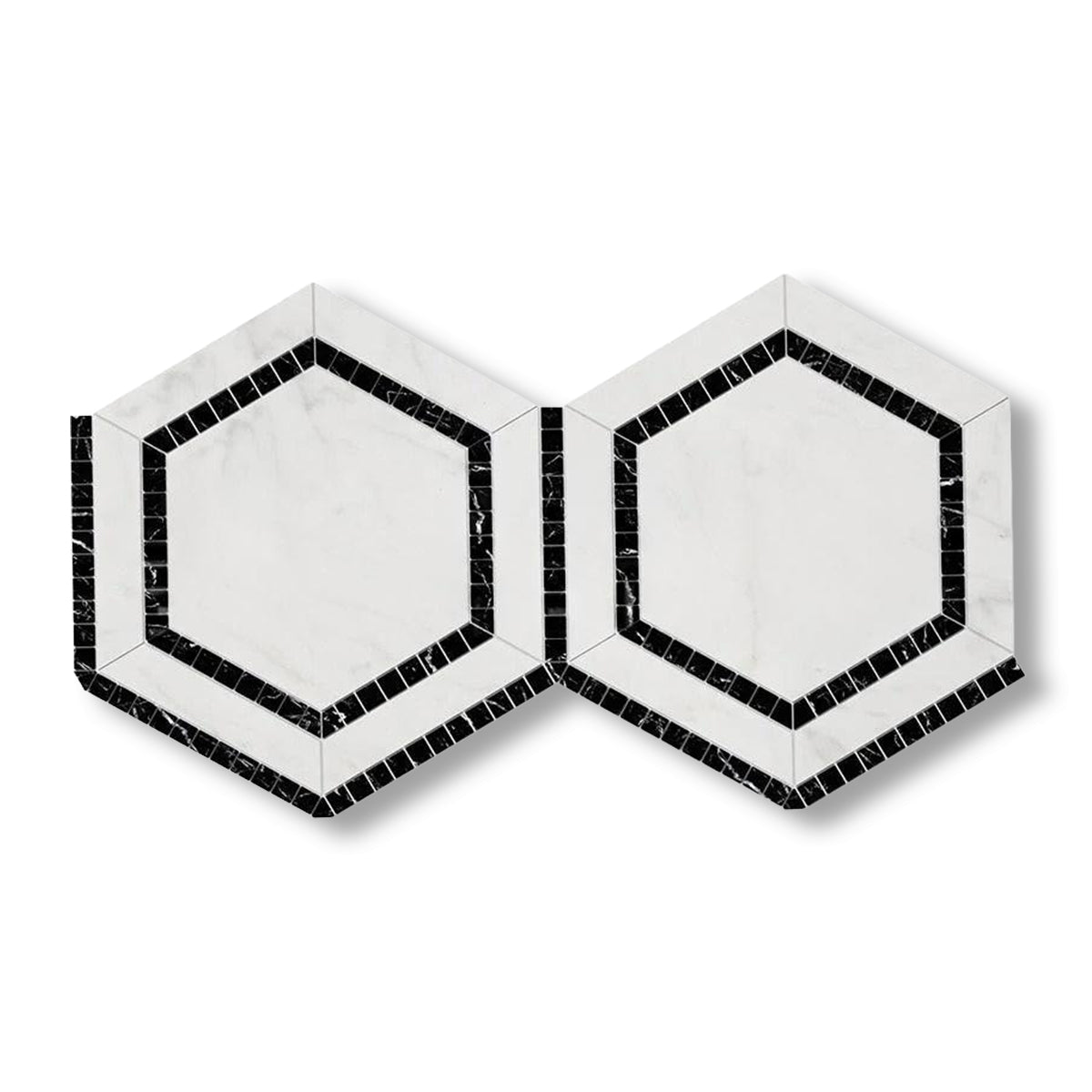 Oriental White / Asian Statuary Marble Polished 5" Hexagon Combination Mosaic Tile w/ Black Border - American Tile Depot