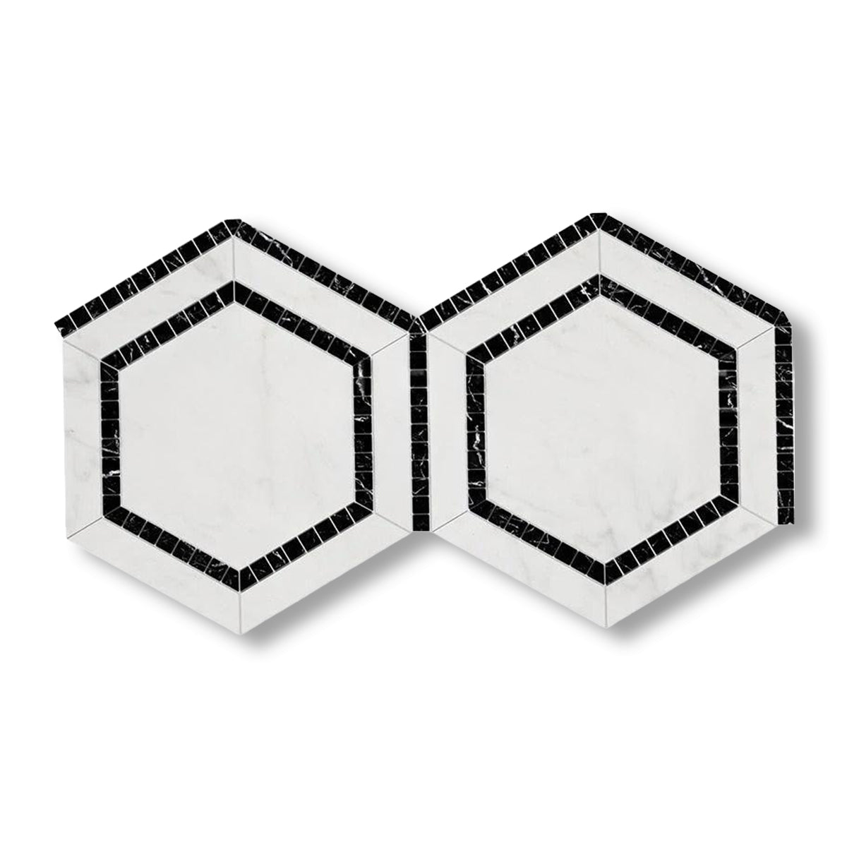 Oriental White / Asian Statuary Marble Polished 5" Hexagon Combination Mosaic Tile w/ Black Border - American Tile Depot