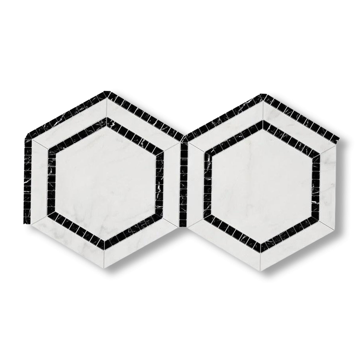 Oriental White / Asian Statuary Marble Honed 5" Hexagon Combination Mosaic Tile w/ Black Border - American Tile Depot