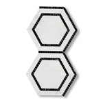 Oriental White / Asian Statuary Marble Polished 5" Hexagon Combination Mosaic Tile w/ Black Border - American Tile Depot