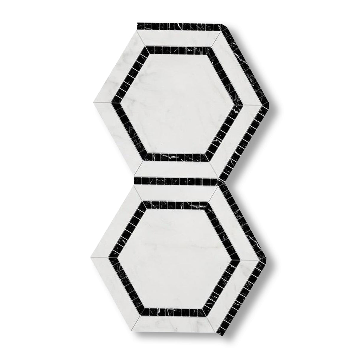 Oriental White / Asian Statuary Marble Polished 5" Hexagon Combination Mosaic Tile w/ Black Border - American Tile Depot