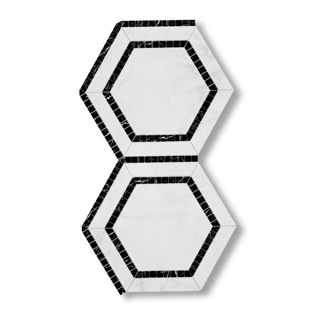 Oriental White / Asian Statuary Marble Honed 5" Hexagon Combination Mosaic Tile w/ Black Border - American Tile Depot