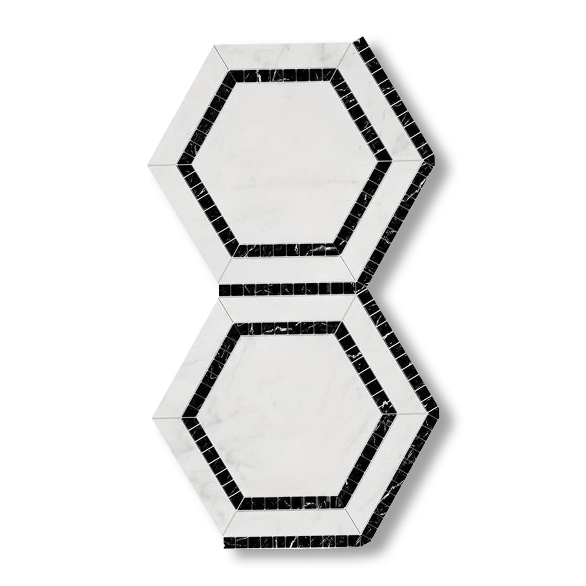 Oriental White / Asian Statuary Marble Polished 5" Hexagon Combination Mosaic Tile w/ Black Border - American Tile Depot