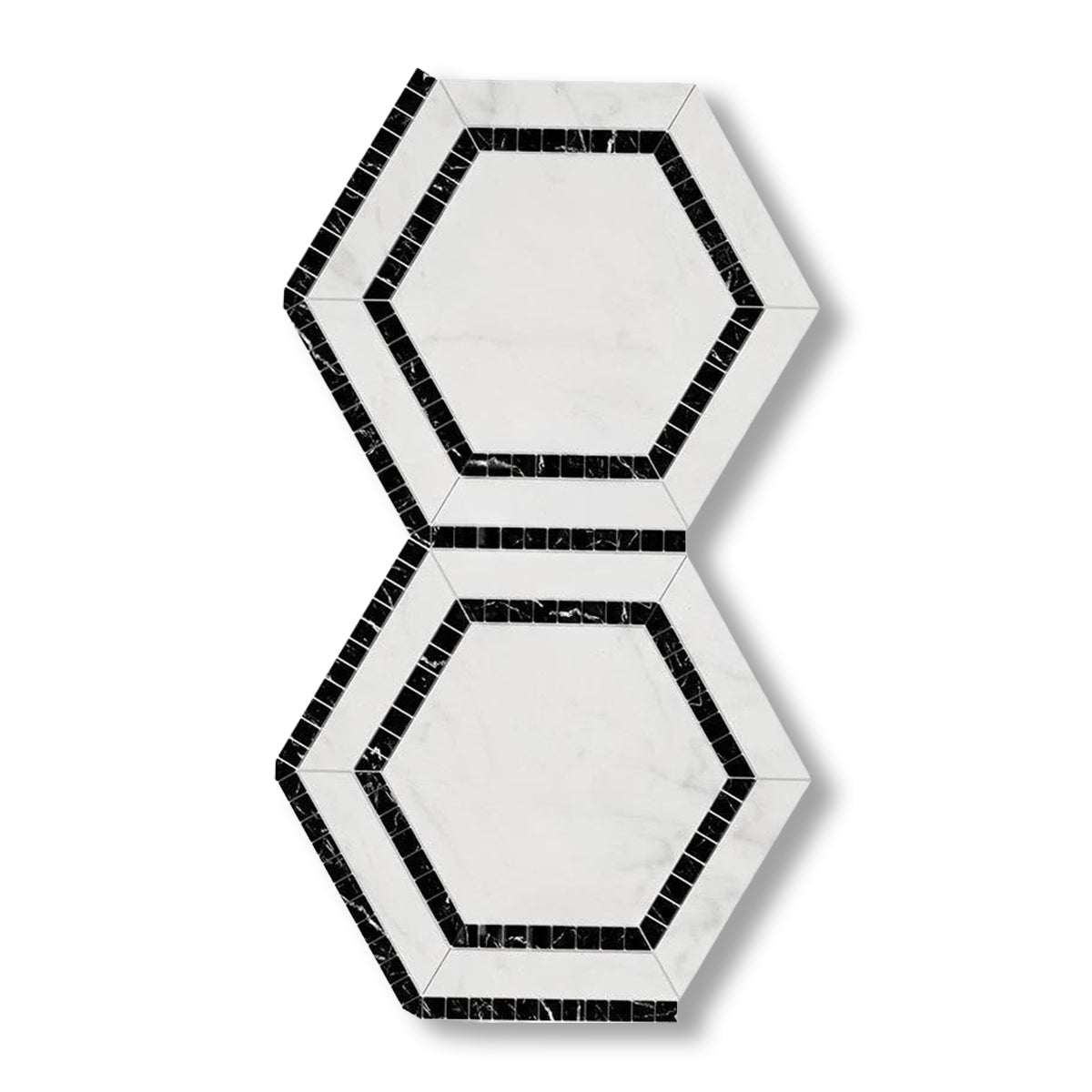 Oriental White / Asian Statuary Marble Polished 5" Hexagon Combination Mosaic Tile w/ Black Border - American Tile Depot
