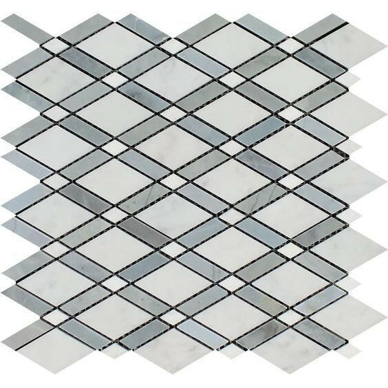 Oriental White / Asian Statuary Marble Honed Lattice Mosaic Tile w/ Blue-Gray Strips Oriental White / Asian Statuary Marble Honed Lattice Mosaic Tile w/ Blue-Gray Strips - American Tile Depot
