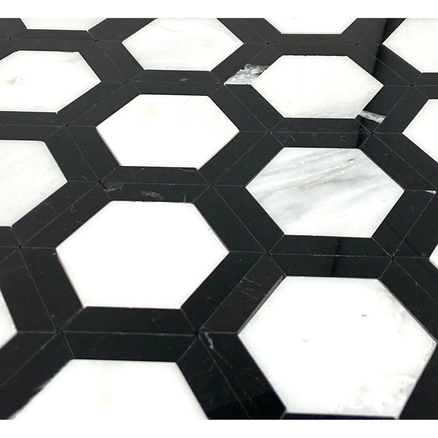 Oriental White / Asian Statuary Marble Polished 2" Vortex Hexagon Mosaic Tile w/ Black Border Oriental White / Asian Statuary Marble Polished 2" Vortex Hexagon Mosaic Tile w/ Black Border - American Tile Depot