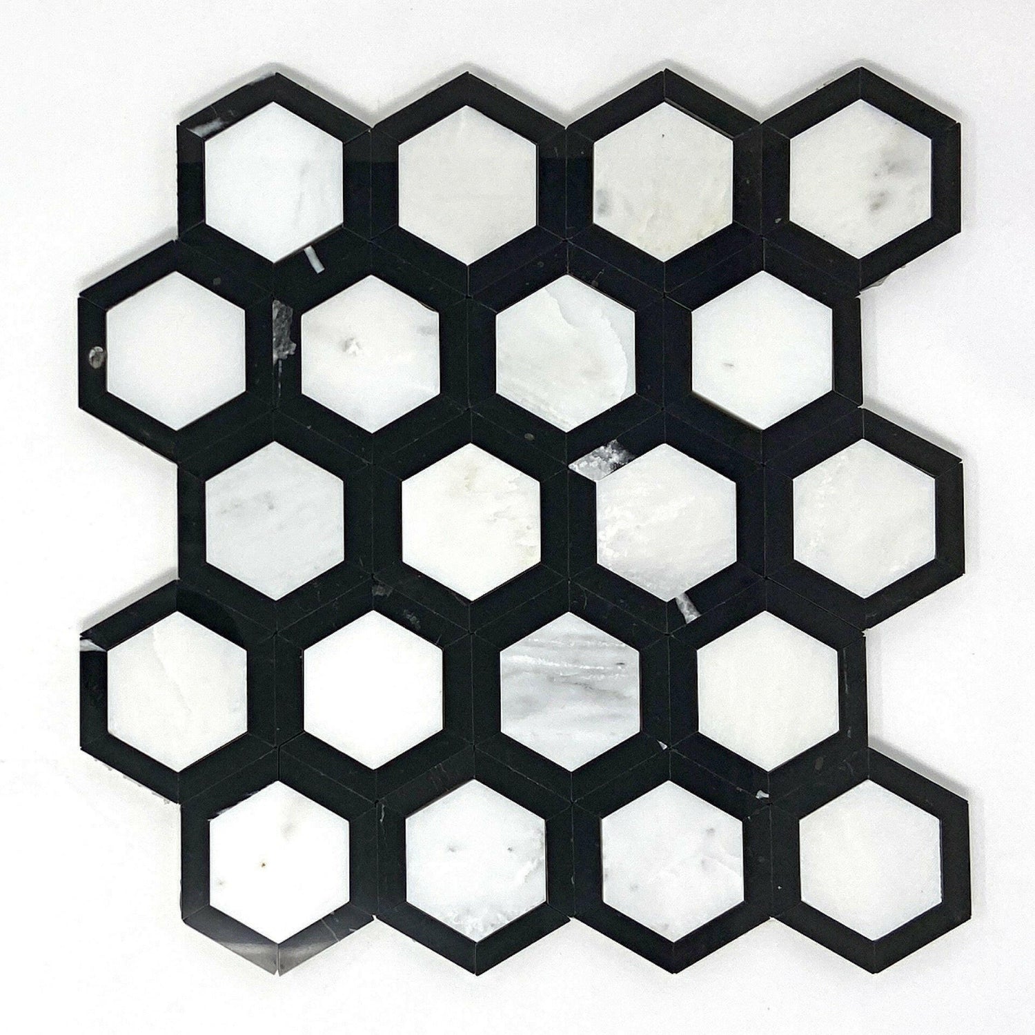 Oriental White / Asian Statuary Marble Polished 2" Vortex Hexagon Mosaic Tile w/ Black Border Oriental White / Asian Statuary Marble Polished 2" Vortex Hexagon Mosaic Tile w/ Black Border - American Tile Depot