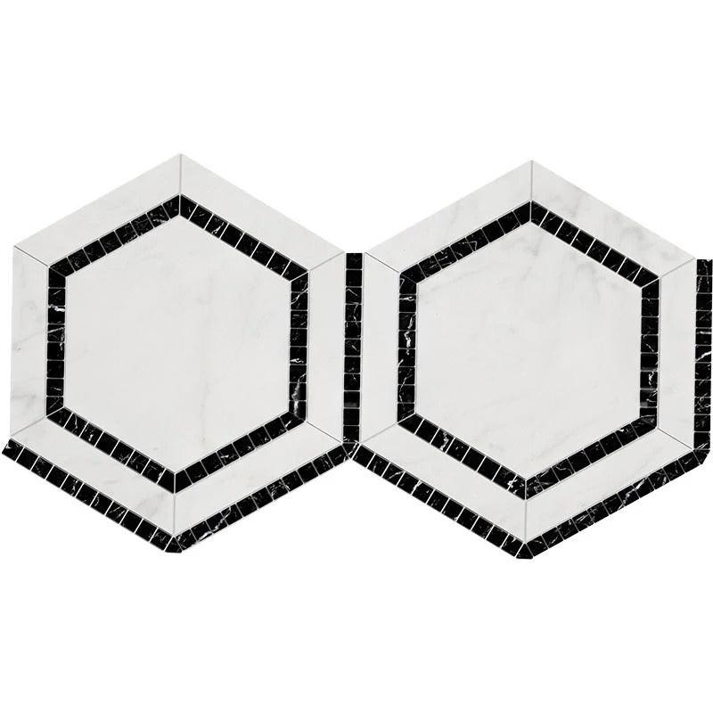 Oriental White / Asian Statuary Marble Honed 5" Hexagon Combination Mosaic Tile w/ Black Border Oriental White / Asian Statuary Marble Honed 5" Hexagon Combination Mosaic Tile w/ Black Border - American Tile Depot