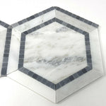 Oriental White / Asian Statuary Marble Polished 5" Hexagon Combination Mosaic Tile w/ Blue Border Oriental White / Asian Statuary Marble Polished 5" Hexagon Combination Mosaic Tile w/ Blue Border - American Tile Depot