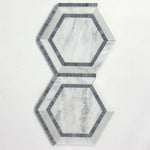 Oriental White / Asian Statuary Marble Polished 5" Hexagon Combination Mosaic Tile w/ Blue Border Oriental White / Asian Statuary Marble Polished 5" Hexagon Combination Mosaic Tile w/ Blue Border - American Tile Depot