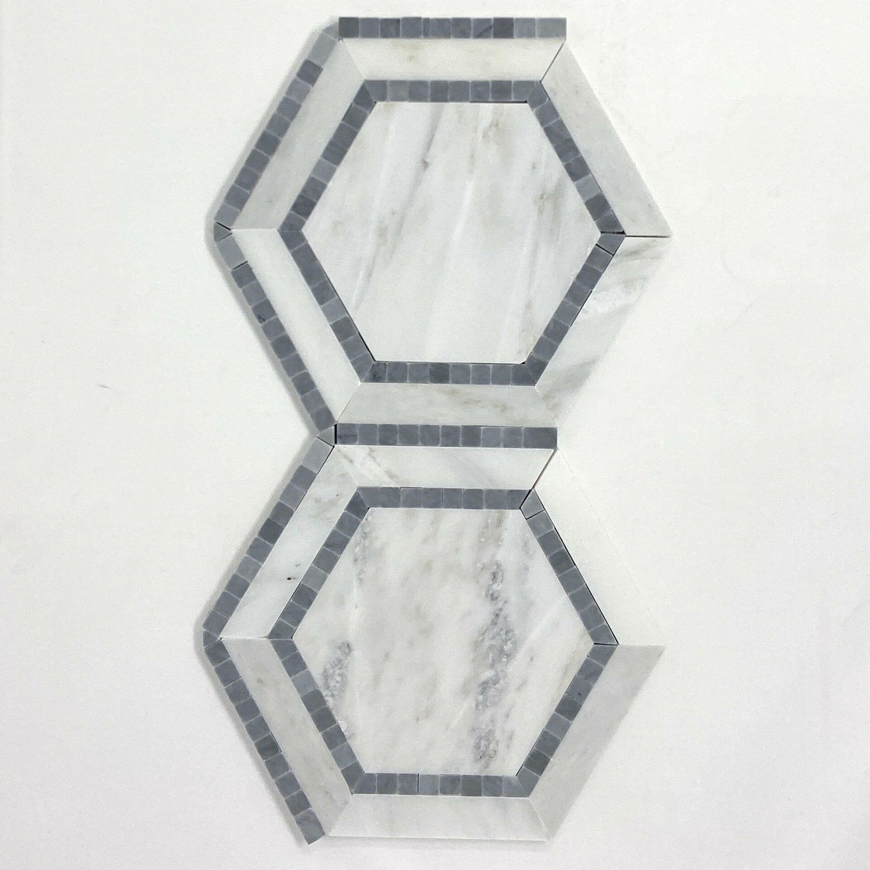 Oriental White / Asian Statuary Marble Polished 5" Hexagon Combination Mosaic Tile w/ Blue Border Oriental White / Asian Statuary Marble Polished 5" Hexagon Combination Mosaic Tile w/ Blue Border - American Tile Depot