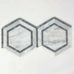 Oriental White / Asian Statuary Marble Polished 5" Hexagon Combination Mosaic Tile w/ Blue Border Oriental White / Asian Statuary Marble Polished 5" Hexagon Combination Mosaic Tile w/ Blue Border - American Tile Depot