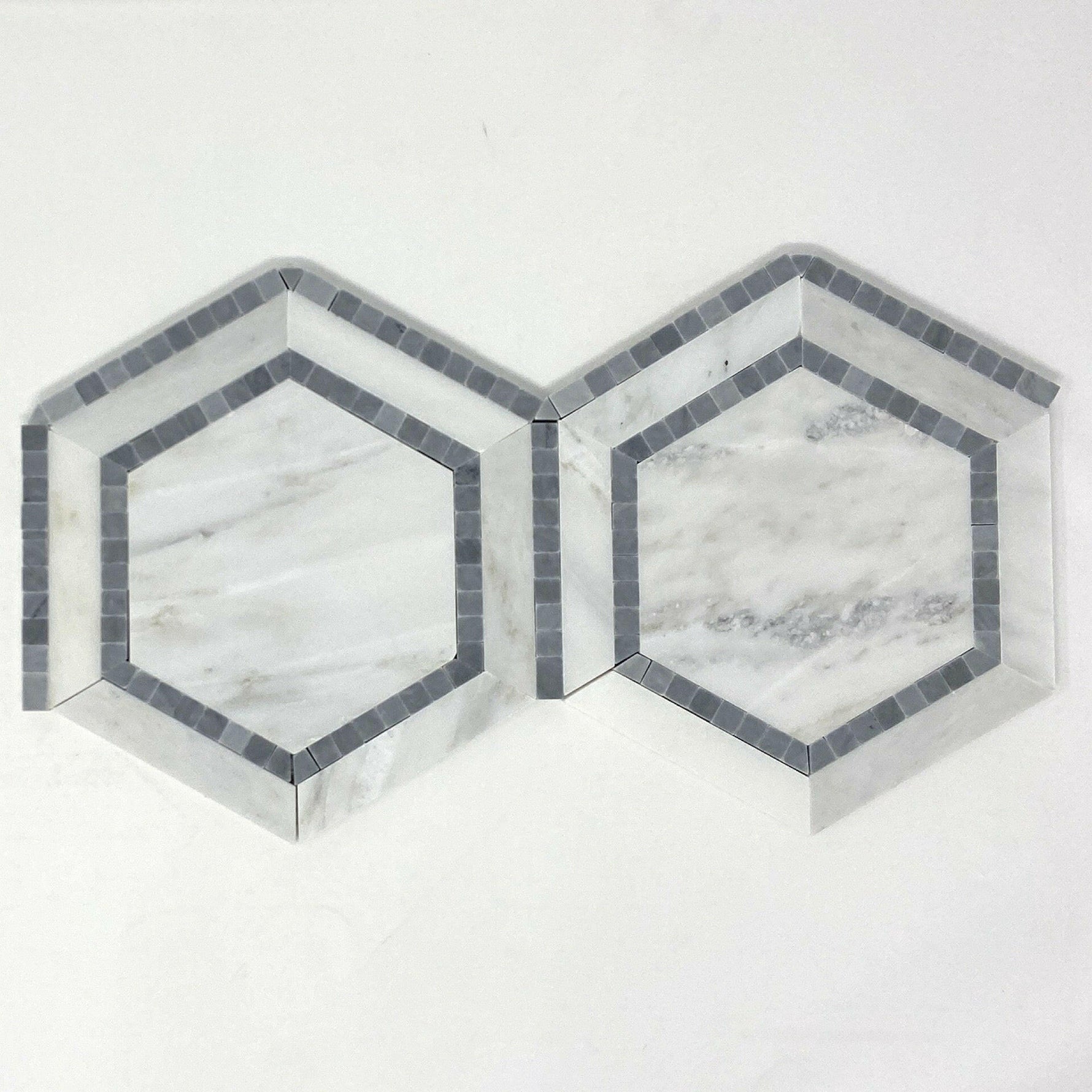 Oriental White / Asian Statuary Marble Polished 5" Hexagon Combination Mosaic Tile w/ Blue Border Oriental White / Asian Statuary Marble Polished 5" Hexagon Combination Mosaic Tile w/ Blue Border - American Tile Depot