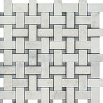 Oriental White / Asian Statuary Marble Polished Basketweave Mosaic Tile w/ Blue-Gray Dots Oriental White / Asian Statuary Marble Polished Basketweave Mosaic Tile w/ Blue-Gray Dots - American Tile Depot