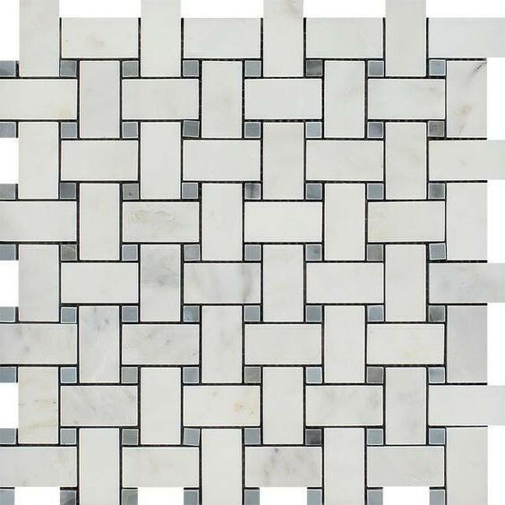 Oriental White / Asian Statuary Marble Polished Basketweave Mosaic Tile w/ Blue-Gray Dots Oriental White / Asian Statuary Marble Polished Basketweave Mosaic Tile w/ Blue-Gray Dots - American Tile Depot