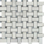 Oriental White / Asian Statuary Marble Polished Basketweave Mosaic Tile w/ Blue-Gray Dots Oriental White / Asian Statuary Marble Polished Basketweave Mosaic Tile w/ Blue-Gray Dots - American Tile Depot