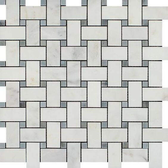 Oriental White / Asian Statuary Marble Polished Basketweave Mosaic Tile w/ Blue-Gray Dots Oriental White / Asian Statuary Marble Polished Basketweave Mosaic Tile w/ Blue-Gray Dots - American Tile Depot