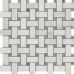 Oriental White / Asian Statuary Marble Polished Basketweave Mosaic Tile w/ Blue-Gray Dots Oriental White / Asian Statuary Marble Polished Basketweave Mosaic Tile w/ Blue-Gray Dots - American Tile Depot