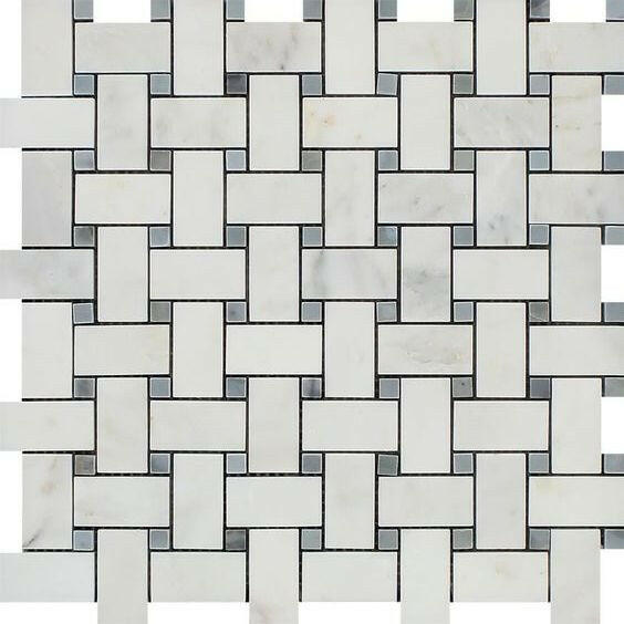 Oriental White / Asian Statuary Marble Polished Basketweave Mosaic Tile w/ Blue-Gray Dots Oriental White / Asian Statuary Marble Polished Basketweave Mosaic Tile w/ Blue-Gray Dots - American Tile Depot