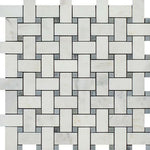 Oriental White / Asian Statuary Marble Polished Basketweave Mosaic Tile w/ Blue-Gray Dots Oriental White / Asian Statuary Marble Polished Basketweave Mosaic Tile w/ Blue-Gray Dots - American Tile Depot