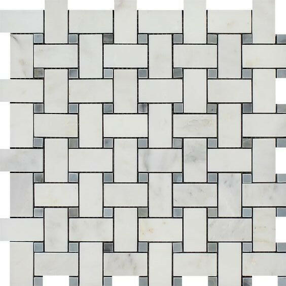Oriental White / Asian Statuary Marble Polished Basketweave Mosaic Tile w/ Blue-Gray Dots Oriental White / Asian Statuary Marble Polished Basketweave Mosaic Tile w/ Blue-Gray Dots - American Tile Depot