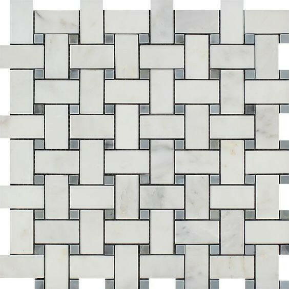 Oriental White / Asian Statuary Marble Polished Basketweave Mosaic Tile w/ Blue-Gray Dots Oriental White / Asian Statuary Marble Polished Basketweave Mosaic Tile w/ Blue-Gray Dots - American Tile Depot