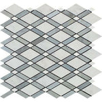Oriental White / Asian Statuary Marble Polished Lattice Mosaic Tile w/ Blue-Gray Strips Oriental White / Asian Statuary Marble Polished Lattice Mosaic Tile w/ Blue-Gray Strips - American Tile Depot
