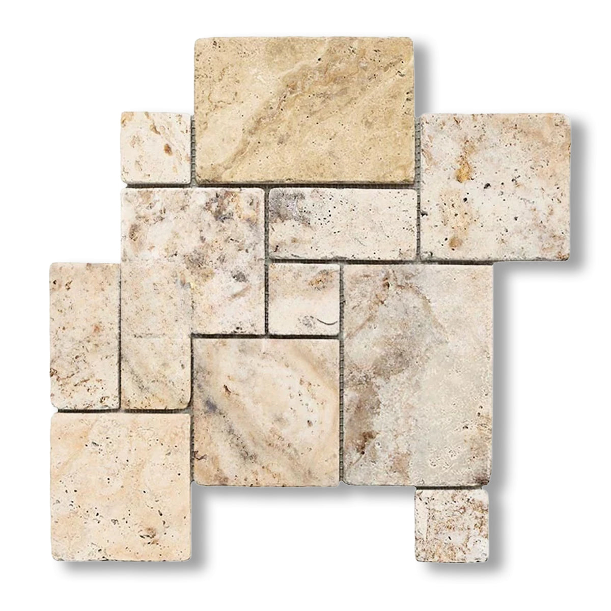 Philadelphia Travertine 4-Pieced OPUS Mini-Pattern Tumbled Mosaic Tile - American Tile Depot
