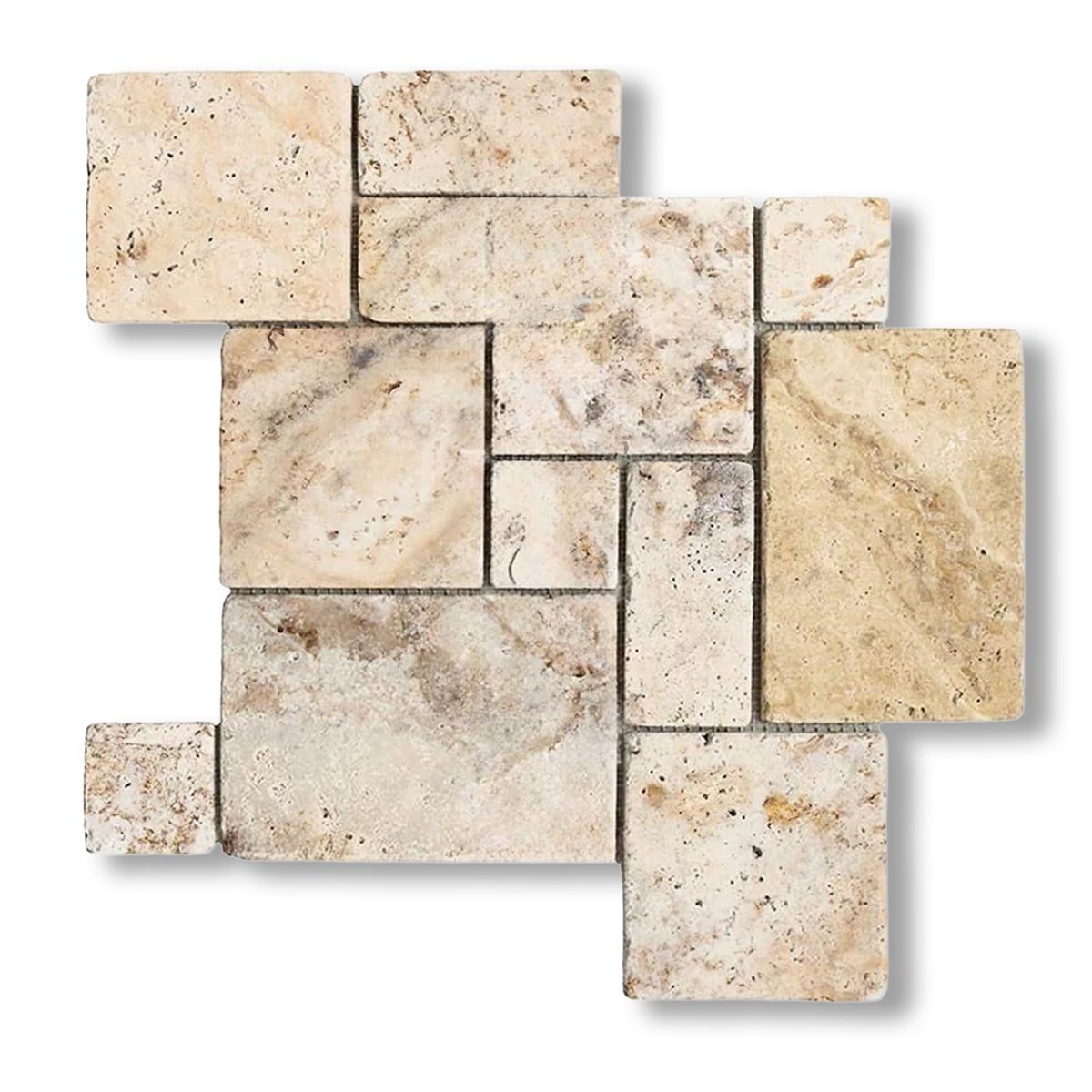 Philadelphia Travertine 4-Pieced OPUS Mini-Pattern Tumbled Mosaic Tile - American Tile Depot