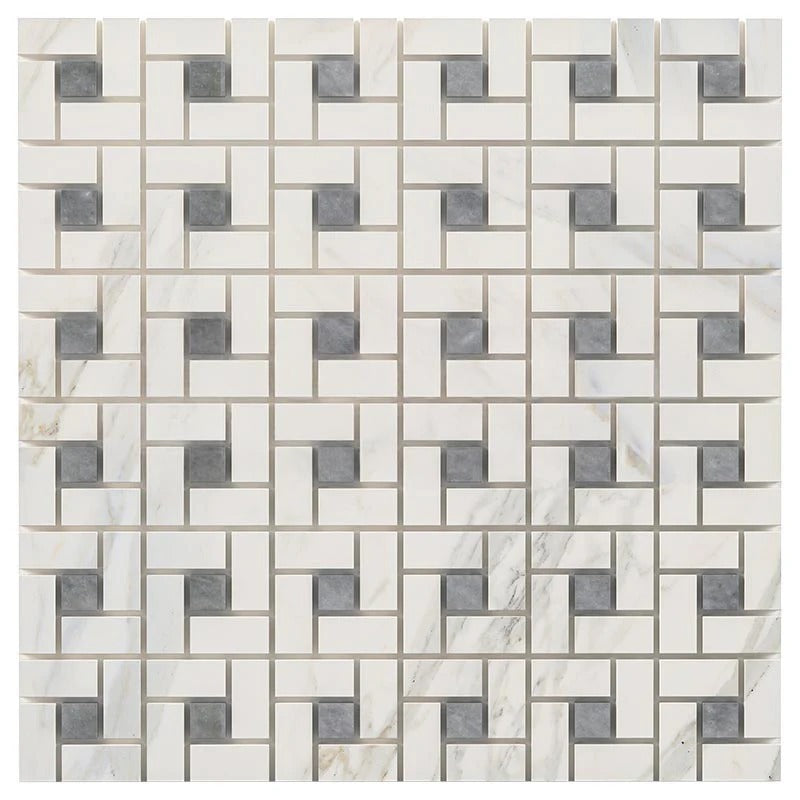 Calacatta Gold Marble Polished Pinwheel Mosaic Tile w/ Blue-Gray Dots