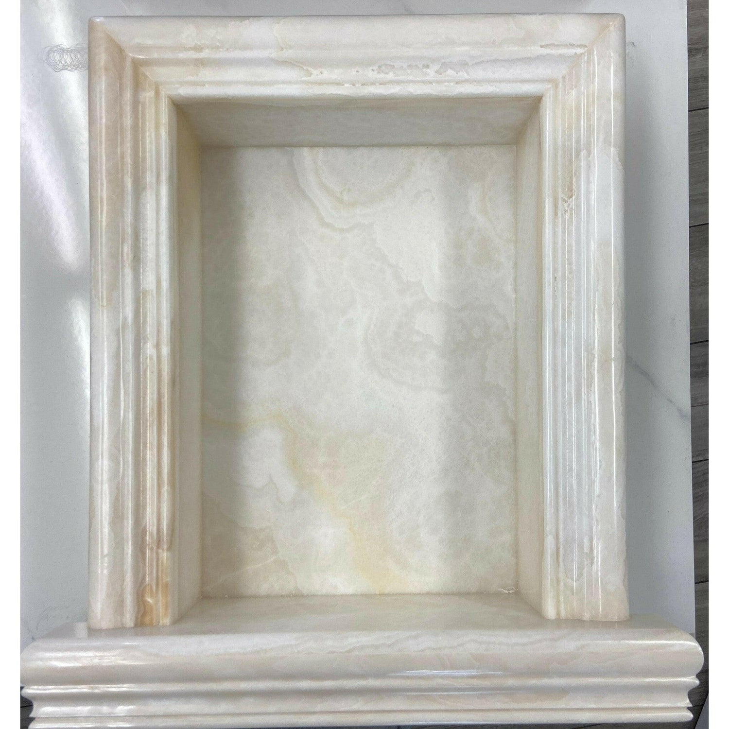 Premium White Onyx CROSS-CUT Hand-Made Custom Shampoo Niche / Shelf - LARGE - Polished Premium White Onyx CROSS-CUT Hand-Made Custom Shampoo Niche / Shelf - LARGE - Polished - American Tile Depot