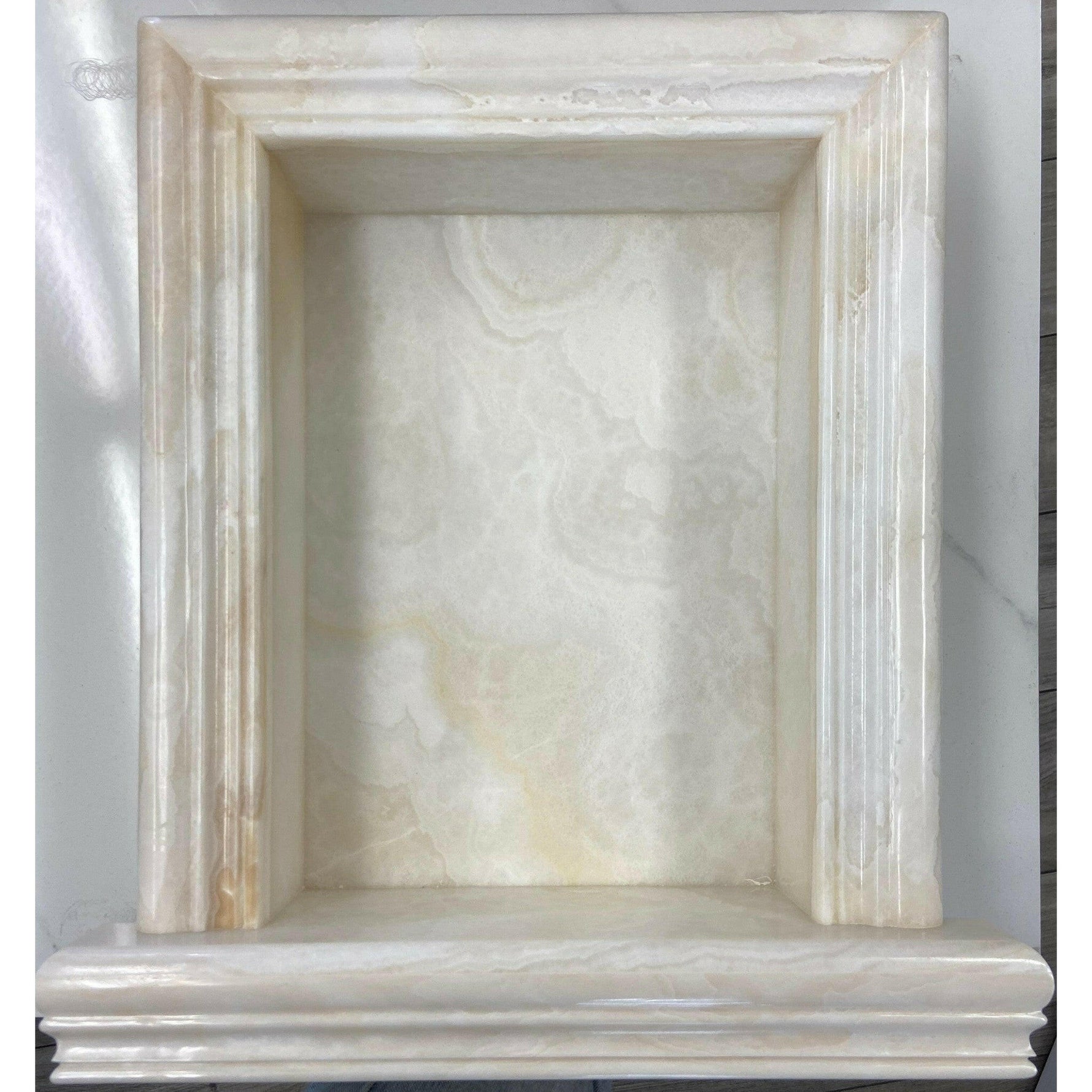 Premium White Onyx CROSS-CUT Hand-Made Custom Shampoo Niche / Shelf - LARGE - Polished Premium White Onyx CROSS-CUT Hand-Made Custom Shampoo Niche / Shelf - LARGE - Polished - American Tile Depot