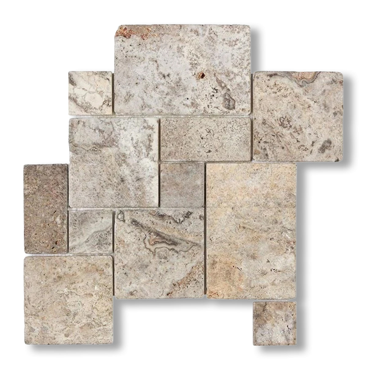 Silver Travertine 4-Pieced OPUS Mini-Pattern Tumbled Mosaic Tile - American Tile Depot