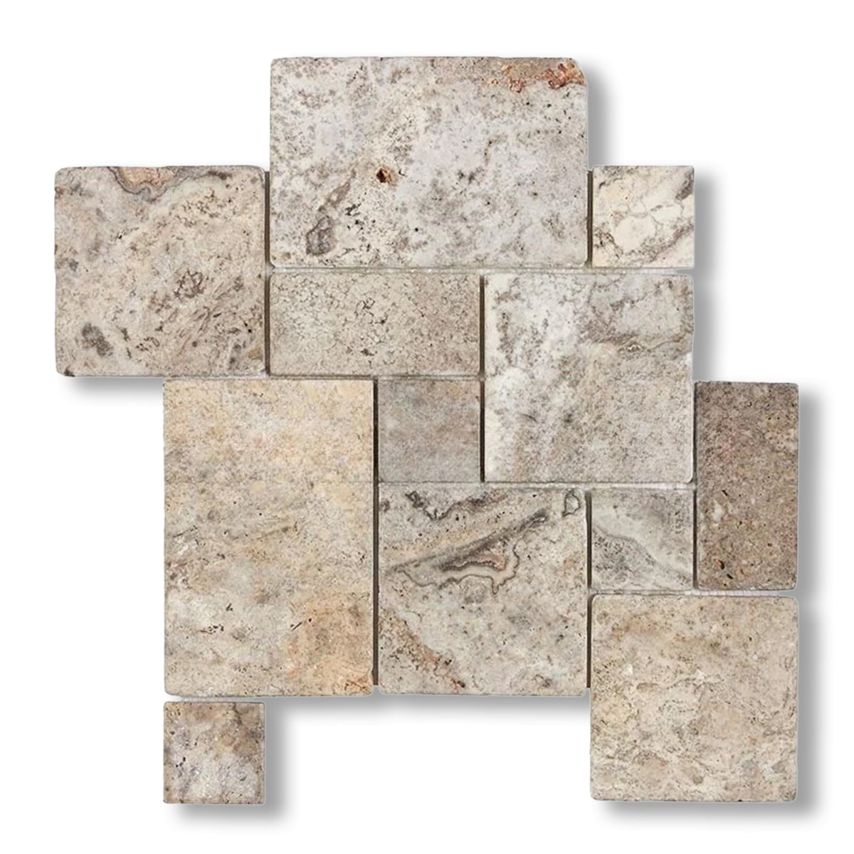 Silver Travertine 4-Pieced OPUS Mini-Pattern Tumbled Mosaic Tile - American Tile Depot