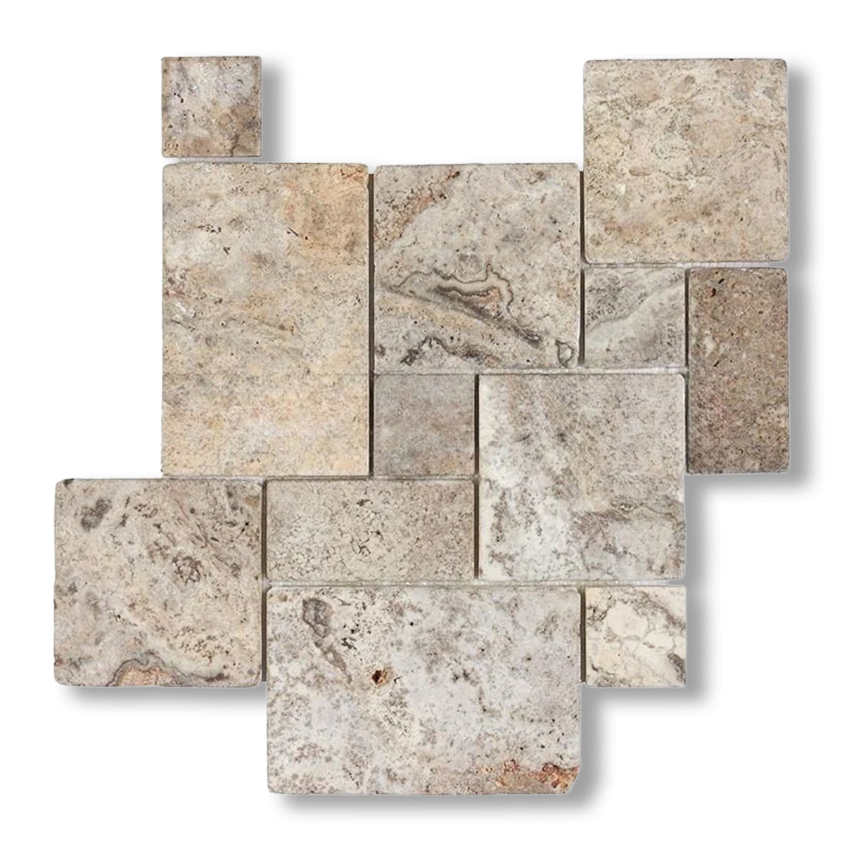 Silver Travertine 4-Pieced OPUS Mini-Pattern Tumbled Mosaic Tile - American Tile Depot