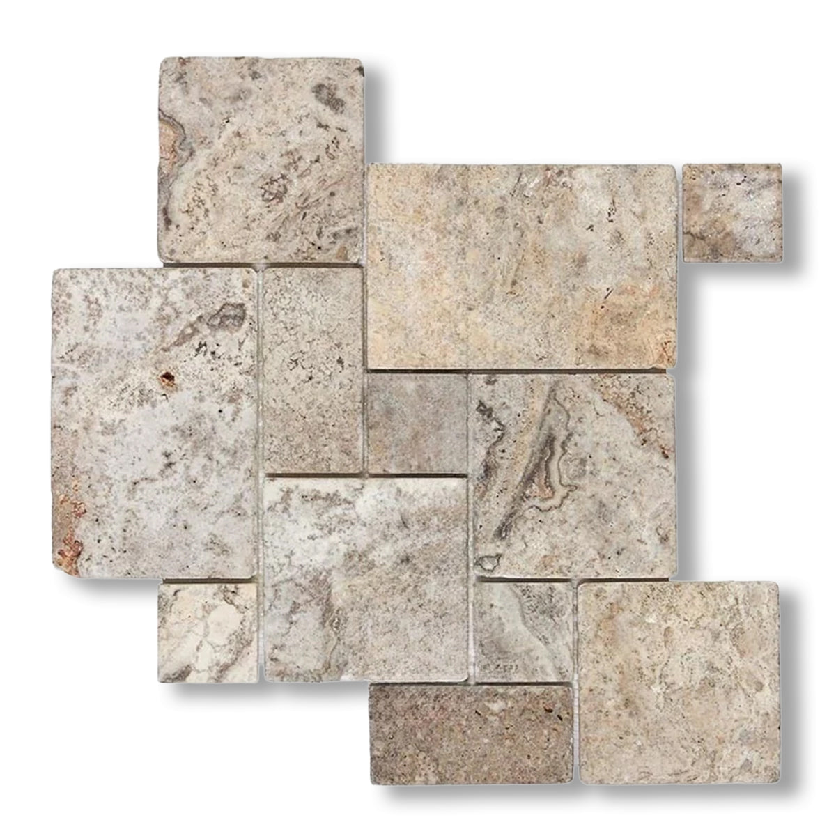 Silver Travertine 4-Pieced OPUS Mini-Pattern Tumbled Mosaic Tile - American Tile Depot
